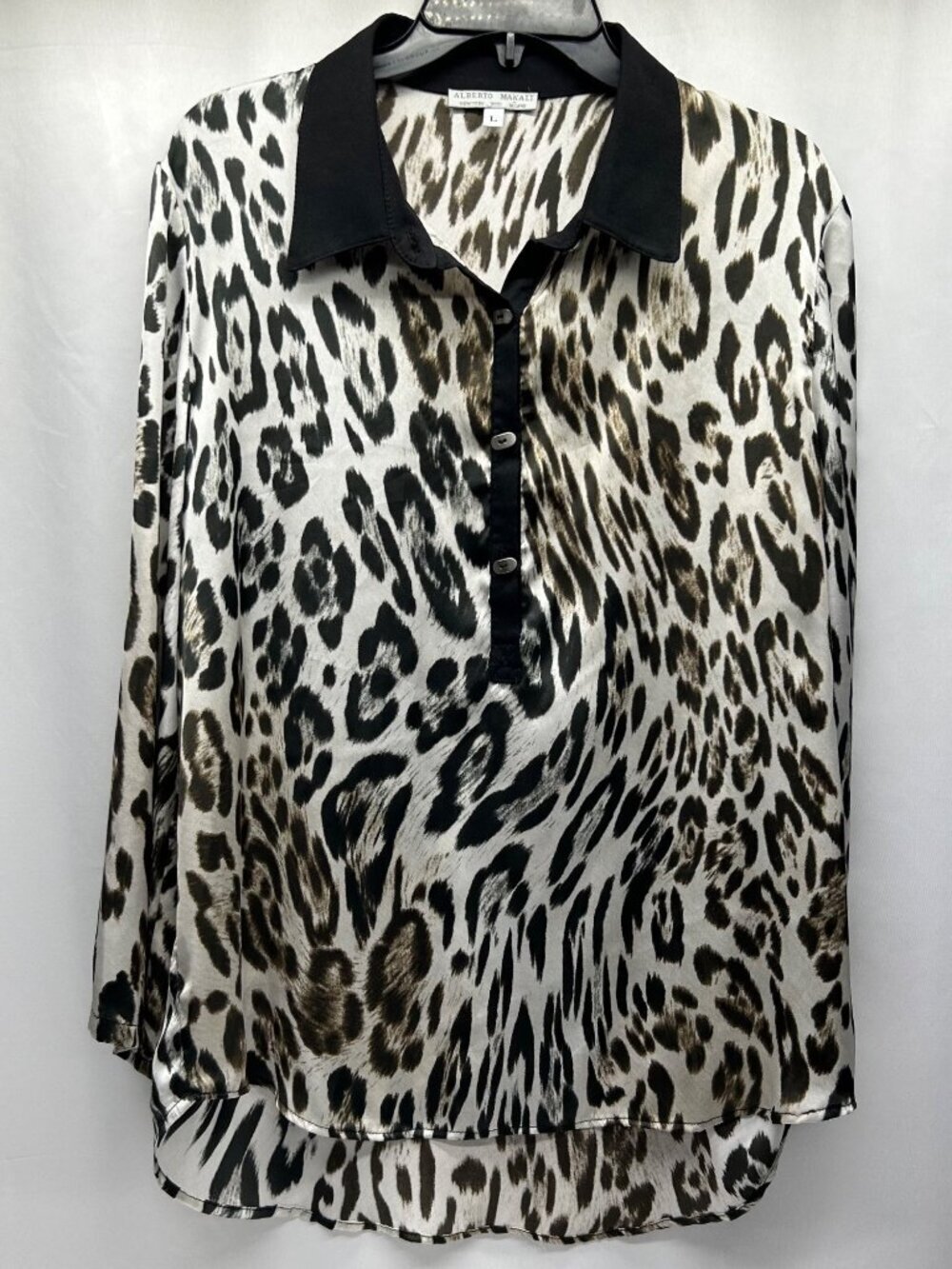 Alberto Makali Leopard Print Button-Up Blouse With Black Collar & Roll Tab Sleev